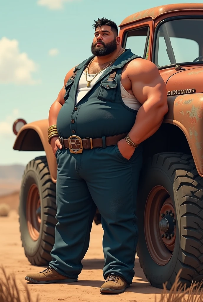Fat black dude with shit running down his leg sitting on a tractor