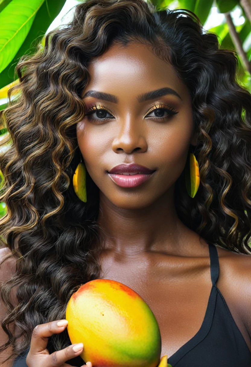 (masterpiece, best quality), deep ebony 1girl, beautiful face, wavy hair she is holding a fresh juicy mango 🥭 in Jamaica