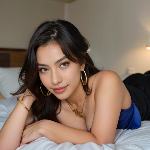 RAW,, Nikon Z 85mm, award-winning glamor photography, ((best quality)), ((masterpiece)), ((realistic)), ((beautiful face)), chinese woman. bedroom, ((unfasten red kimono showing naked tits)), ((small breast)), 20 years old, (bob black hair), black eyes, innocent, intricate details, highly detailed, sharp focus, professional, 4k, , stunning blue eyes, small, delicate, innocent, high resolution, high detail, sharp focus, soft , aesthetic, extremely detailed, photo_\(ultra\), photorealistic, realistic, post-processing, maximum detail, roughness, real life, ultra-realistic, photorealism, photography, 8k uhd, photography, ((lying down on bed, face up,smiling )) ((wear gold earrings and necklace ))