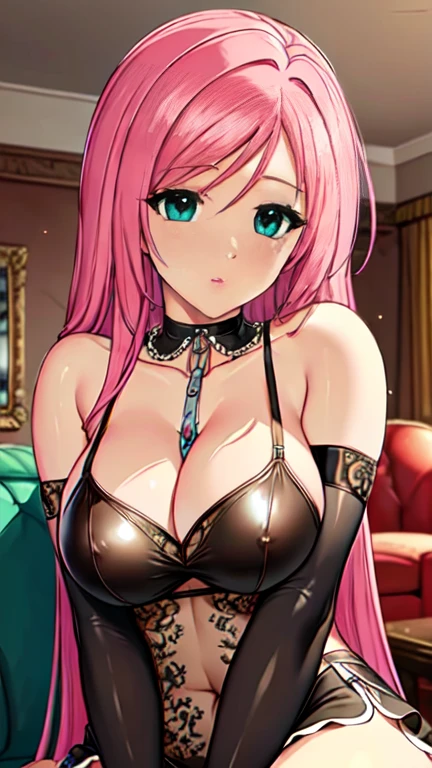 Masterpiece, raw, beautiful art, professional artist, 8k, art style by sciamano240, very detailed face, very detailed hair, perfectly drawn body, beautiful face, long pink hair , hair tide up, very detailed green eyes , rosey cheeks, intricate details in eyes, joyful smile , relaxed expression, lipstick, very close up on face, warm light, evening, living room setting, on the cover of a fashion magazine, modeling shot, wearing leather dress, elbow gloves,