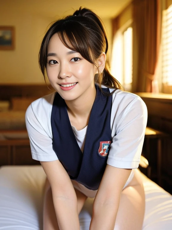 (Masterpiece, Best quality: 1.4), (Ultra realistic, Photo-realistic: 1.2), Full body, (kneeling:1.2), Natural light, 25 years old school girls, Japanese women, Neat and clean, School, (Sailor suit), (ponytail:1.2), Light brown hair color, (Beautiful Face), Oval face, clear, (Beautiful eyes, Kind eyes), (Clear skin), Small face, (Small mouth, Beautiful mouth), Natural makeup, Approachable, Luxury hotel Suite room, On bed, (nsfw:1.2), Seductive smile, (Seductive pose:1.2), (Beautiful thighs:1.2), Bedroom eyes,