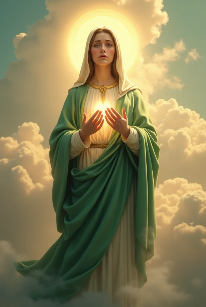 (photorealism:1.2), beautiful virgin Mary with tears in her eyes while praying in the clouds, wearing green queen clothes with light in his head and heart spreading all over in the clouds, perfect virgin Mary, real virgin Mary, perfect five hands, perfect tears face, elegant, soft lighting, many clouds, stand straight, realistic, intricate details, warm colors,