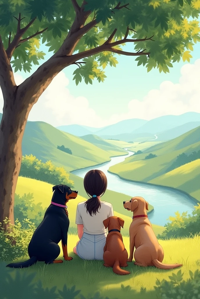A woman and two chubby female Rottweiler dogs and a Labrador dog sitting with their backs to each other under a tree in the distance watching a watercolor landscape