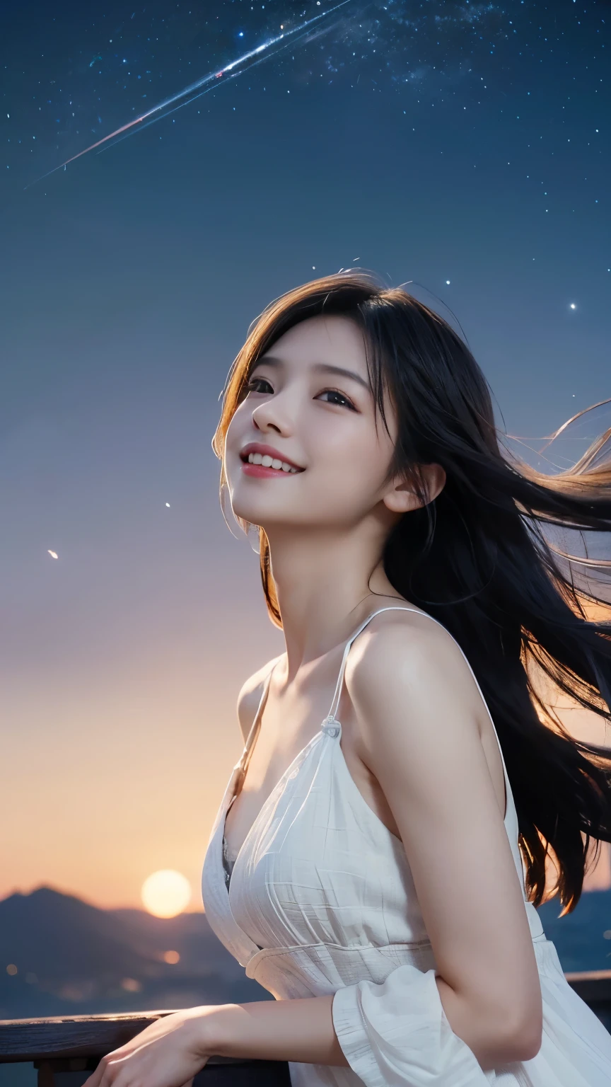 (logo、masterpiece、8k、Tabletop、RAW Photos、wonderful、最high quality、Photorealistic and very detailed CG composite 8k wallpaper、high quality、Very detailed、Narrative poem、Particle Effects、Dynamic Effects、Depth of the Boundary)What is written is、Cinematic Light、Lens flare、Ray Tracing）、Fantasy、（Purple Dress）、（night、Night Sky、Starry Sky、full moon）、（Girl looking up at the sky）、sit、cute、Japanese style、 (smile)、Long Hair、Strong winds、(Hair blowing in the wind)、(White Dress)、Natural light、moonlight、(Horizontal photography)、(chest emphasis)、(Low position)、(Low - Angle)