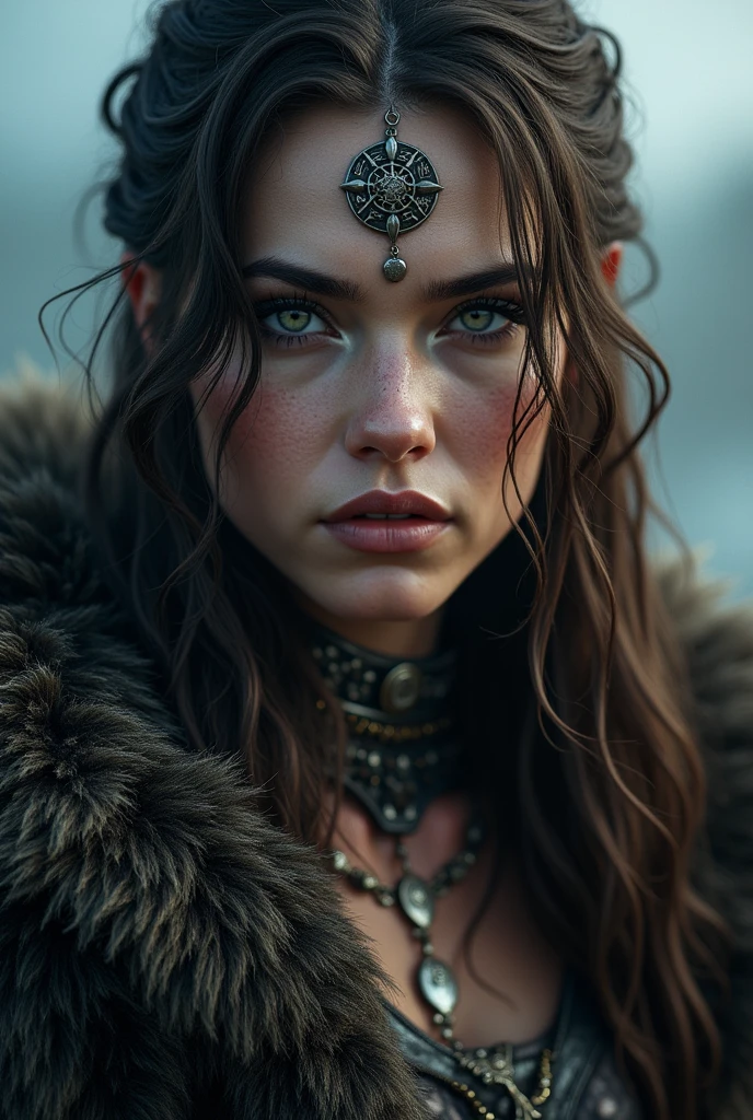 a viking witch, detailed portrait, intricate facial features, striking eyes, long hair, leather and fur outfit, runes and symbols, dramatic lighting, moody colors, cinematic composition, fantasy art, digital painting, high quality, 8k, photorealistic, (best quality,4k,8k,highres,masterpiece:1.2),ultra-detailed,(realistic,photorealistic,photo-realistic:1.37)ACABADOS COMO EN PHOTOSHOP