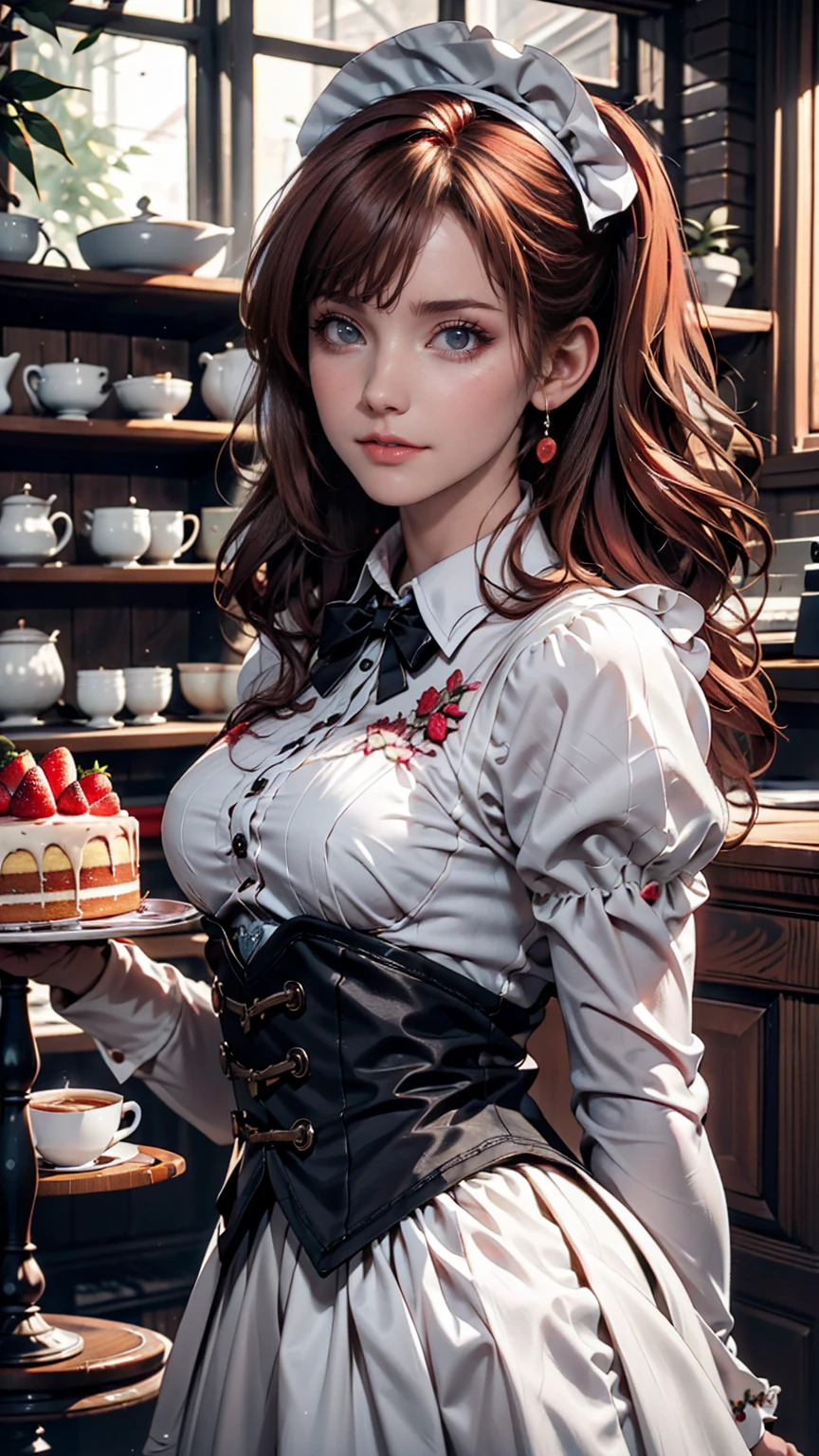 Promotional Photos, The location is a coffee shop, 1 girl, The face of a , The waitress is bringing the cake to the table, Red hair twin tails, Kind Face, A strawberry-inspired half-gothic lolita and half-maid costume, White-based clothing,