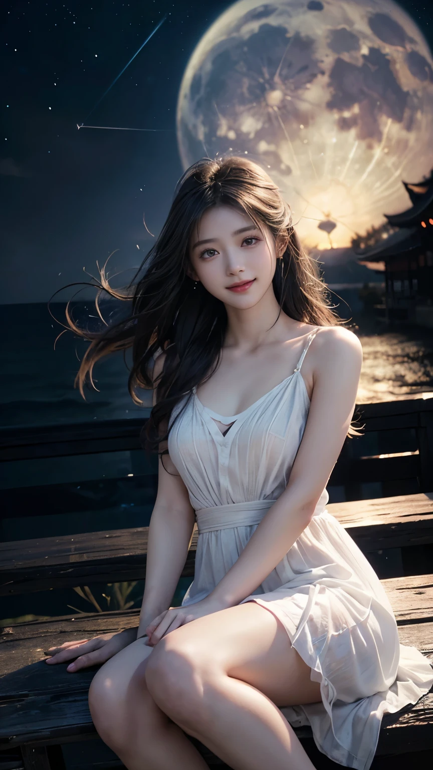 (logo、masterpiece、8k、Tabletop、RAW Photos、wonderful、最high quality、Photorealistic and very detailed CG composite 8k wallpaper、high quality、Very detailed、Narrative poem、Particle Effects、Dynamic Effects、Depth of the Boundary)What is written is、Cinematic Light、Lens flare、Ray Tracing）、Fantasy、（Purple Dress）、（night、Night Sky、Starry Sky、full moon）、（Girl looking up at the sky）、sit、cute、Japanese style、 (smile)、Long Hair、Strong winds、(Hair blowing in the wind)、(White Dress)、Natural light、moonlight、(Horizontal photography)、(chest emphasis)、(Low position)、(Low - Angle)