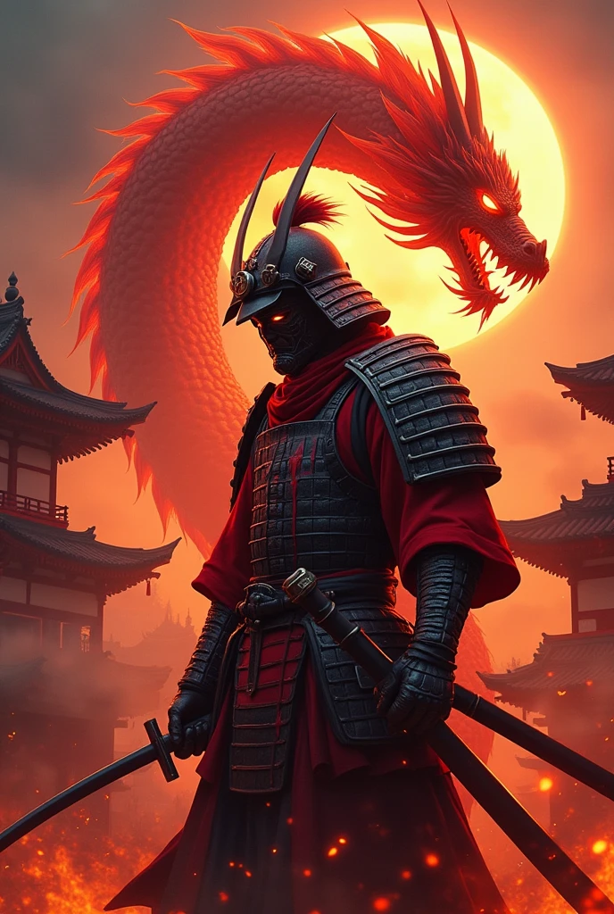 an postmodern samurai covered in blood with a dragon behind him, with fire and old japan builds as the scenery, the builds are in flame