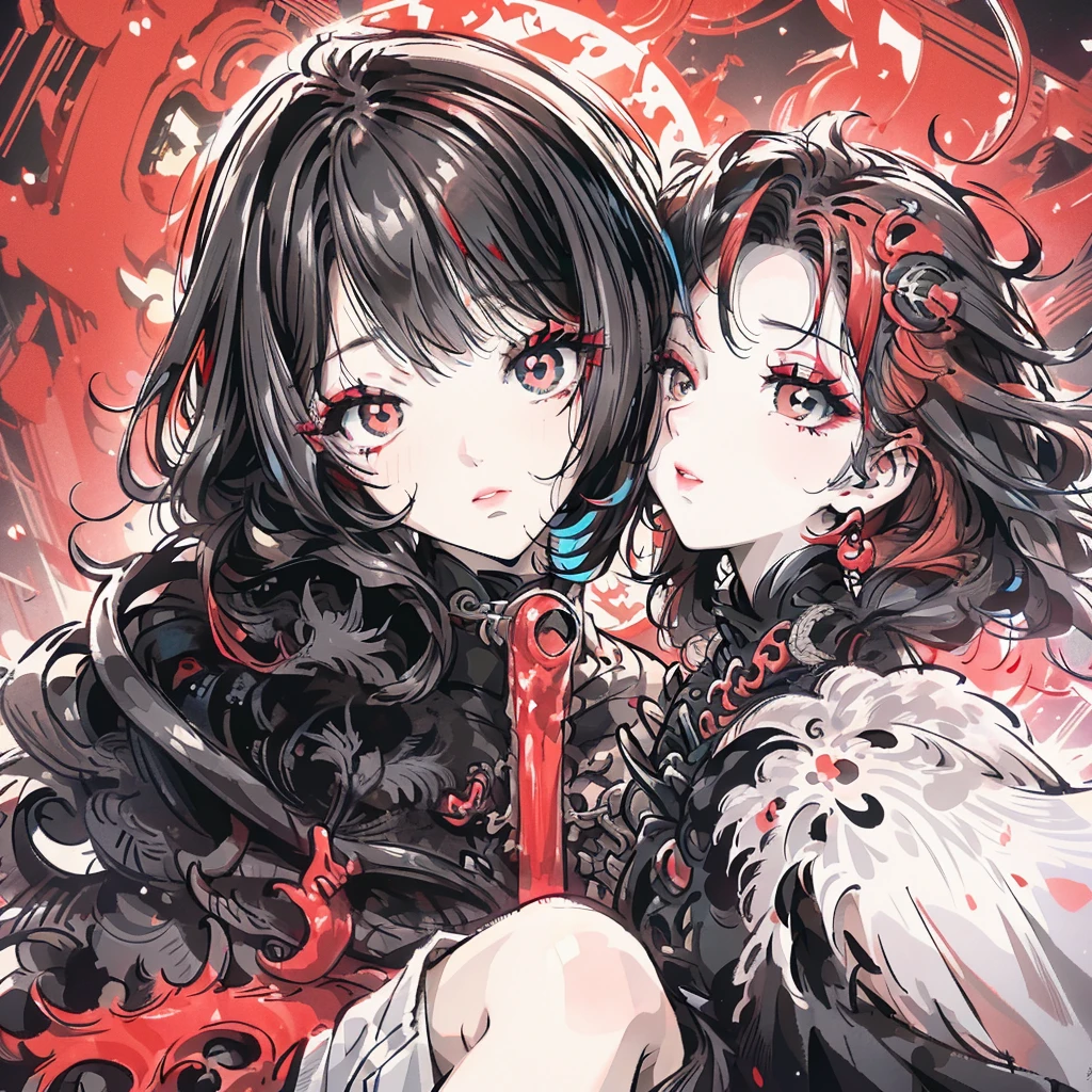  Black eyes with red pupils,black and red hair