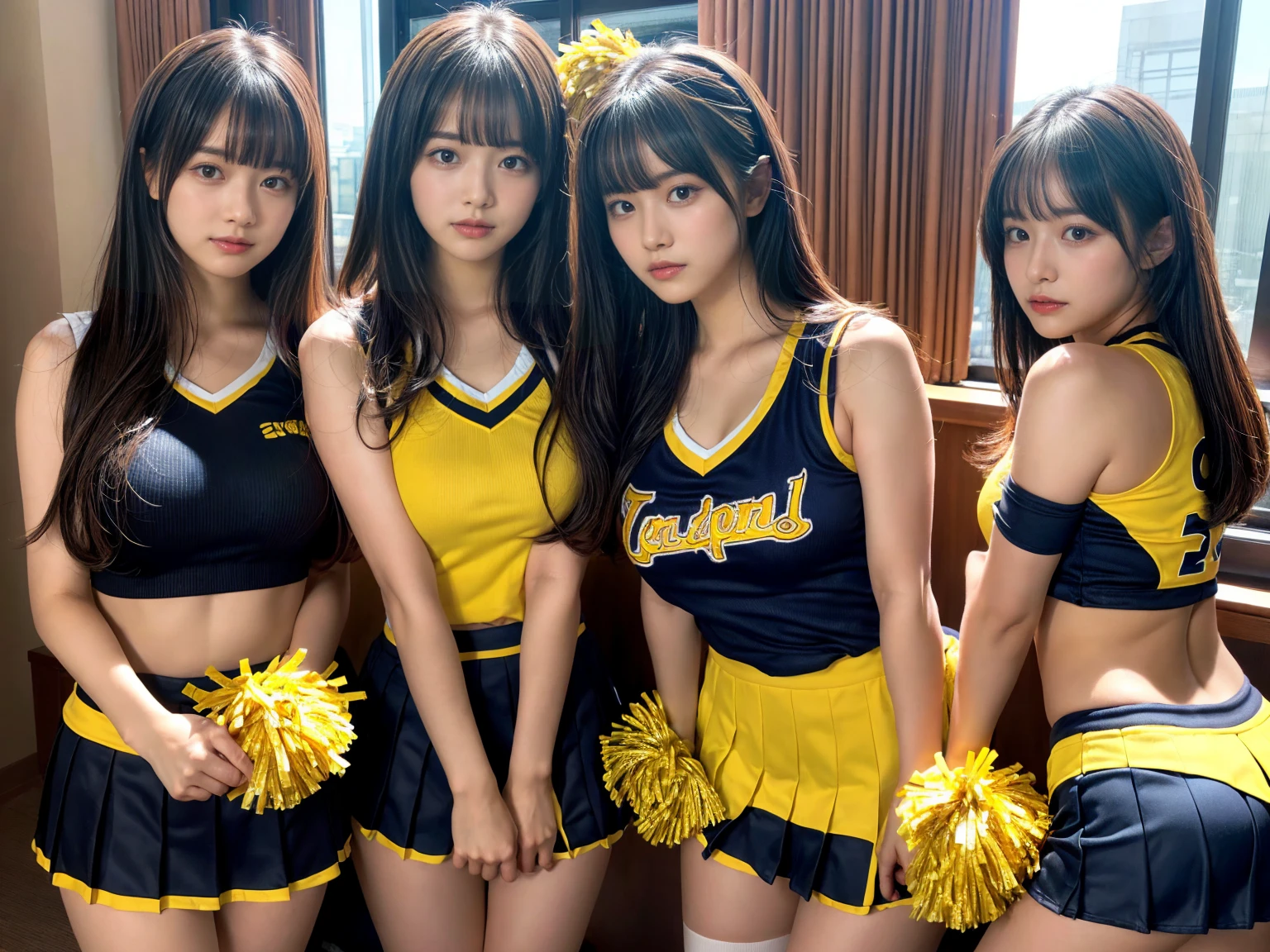 masterpiece, best quality, illustration, Super detailed, fine details, High resolution, 8K,wall paper, perfect dynamic composition,(Details High quality, realistic depiction of eyes:1.3), (3 girls), BREAK (cheerleader uniform with yellow as basic color:1.3), (holding a yellow pompoms in hand:1.4), (sleeveless yellow tunic with baseball team logo:1.4), yellow tops, (bold V-neck:1.3), ((Blue lines, black lines) on tops:1.3), ((fit and flare, A-line):1.3), (A-line yellow rah-rah skirt:1.3), mini skirt, (black socks:1.3), (sports shoes:1.2), sitting, open legs, short bob hair, in a hotel room in the background, deep on field, large breasts, black hair color, Big Natural Color Lip, (perfect body shape), crying a little、Harajuku style、20 year old girl、cute type、beautiful legs, Gravure Idol
