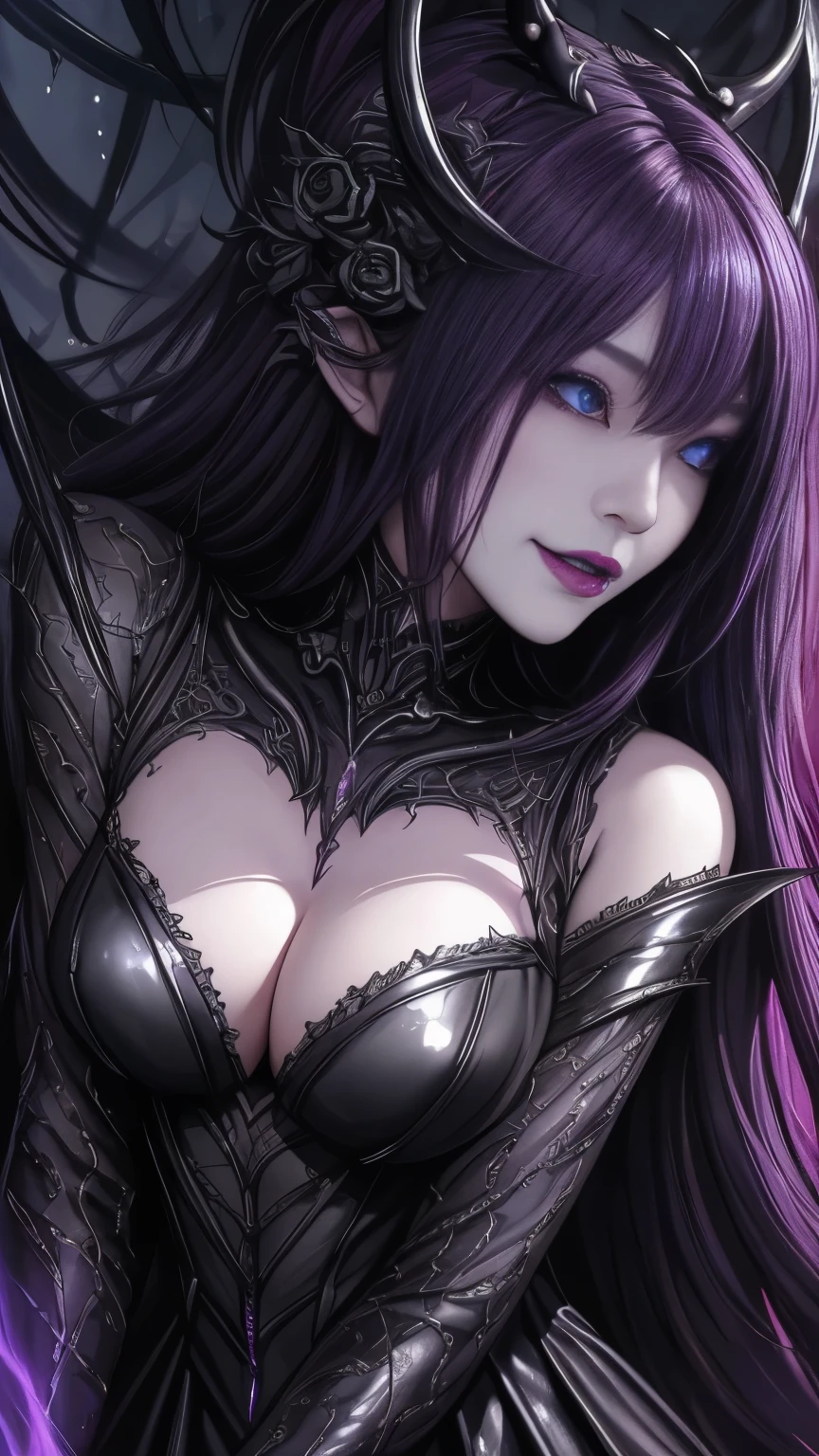 Esoteric arachnids lady, Spider Queen Elise, League of Legends, Esoteric arachnids, Combat Stance, ( body formed from metallic mauveine and metallic black liquid metallic paint twisting into a beautiful interpretation of the female figure), length, Sharp Fangs, nature, ((Complex metallic colors in the foreground)), (( Fluid Mechanics, The most beautiful smooth scale face makeup, Smirking expression)) - Dark blood, Onyxia、Noir painting of a beautiful young witch, length purple hair, dark purple lips, evil, evil female, smile, Black Prom Dress, She is coming to you, close, Bright Blue Eyes, Surrounded by swirling pink smoke, Genuine, Attention to detail, Highest quality、A beastly demon wields a vicious blade, Blood Chain, Behemoth Bones, Snake-like tentacles, Cruel Teeth, Expressions of madness, Oppressive Dungeon. 8K Vision Reveals Fear, Ultra HD detail makes monsters stand out, Grotesque shadows dance, The creature whispers, Stifling atmosphere, Vision problems, Visible Madness. blade, A flash of evil intent shines, reflect (Light) Beyond the Darkness, Elucidate (Sharp details) and、Add a dizzying dimension to the impending chaos.