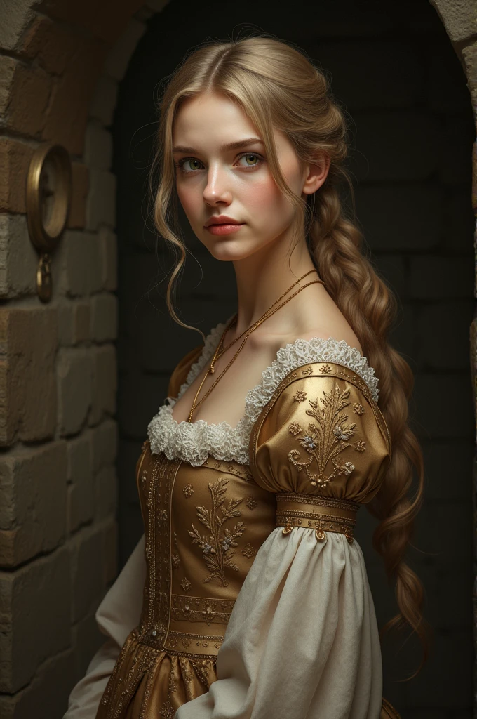 Young woman with fair hair in medieval dress