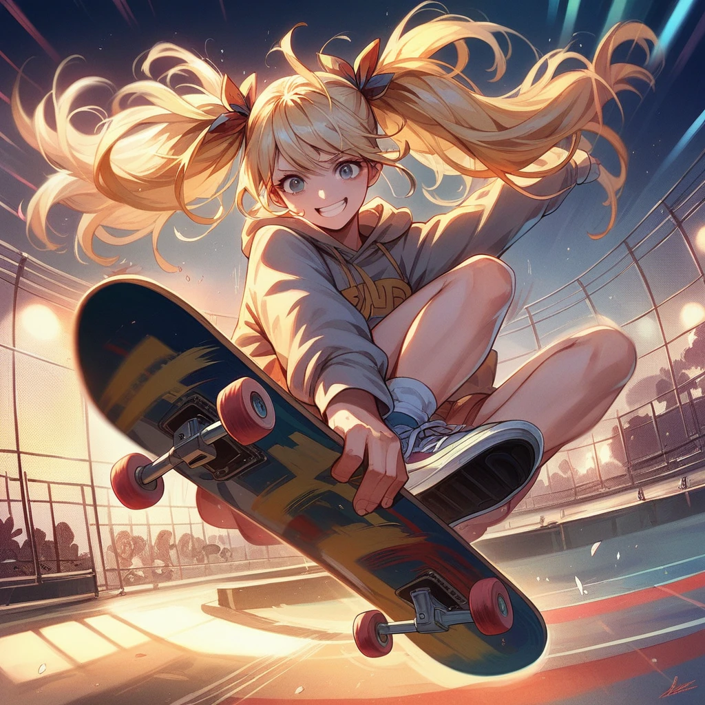 Masterpiece, top quality, highly detailed, extremely detailed, ultra realistic, anime style illustration with bold brush strokes. Cinematic lighting, girl flipping during skateboarding competition, blonde pigtails, smiling face, motion blur.