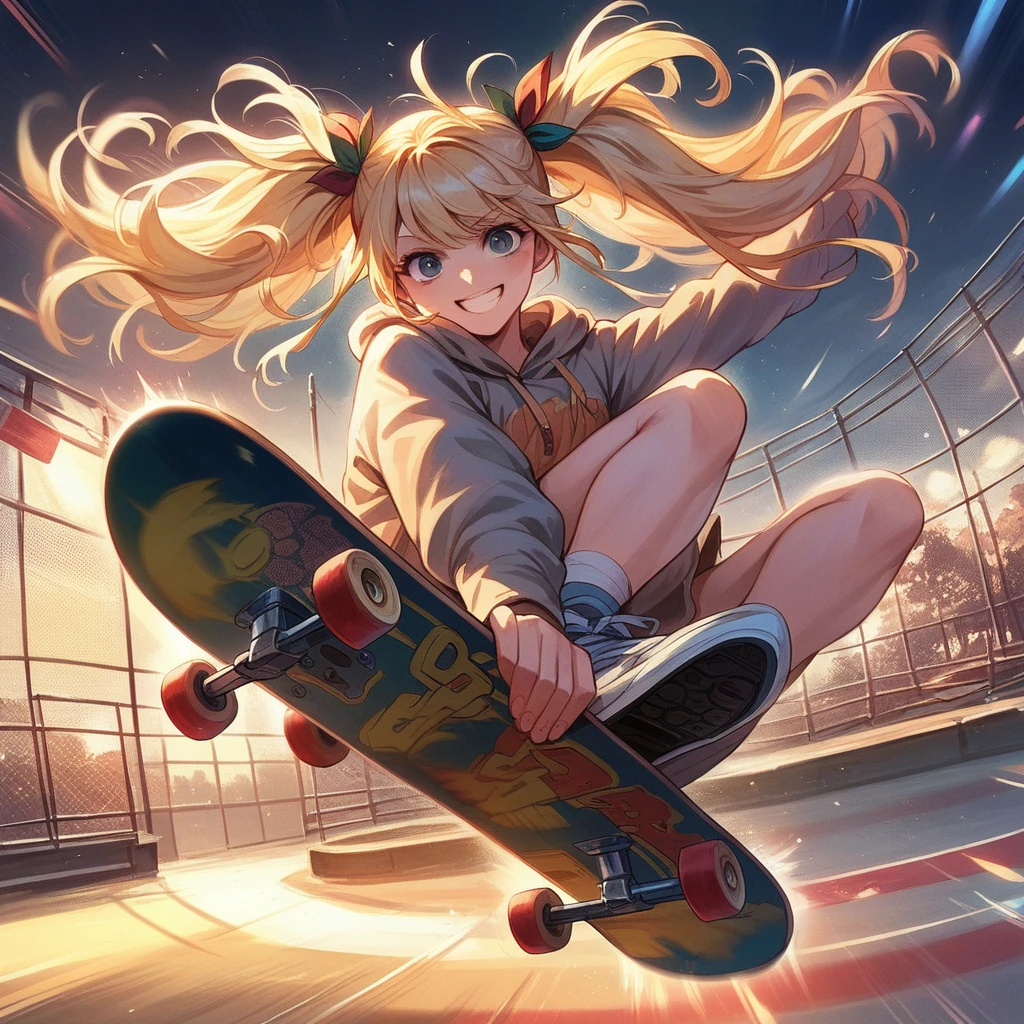 Masterpiece, top quality, highly detailed, extremely detailed, ultra realistic, anime style illustration with bold brush strokes. Cinematic lighting, girl flipping during skateboarding competition, blonde pigtails, smiling face, motion blur.