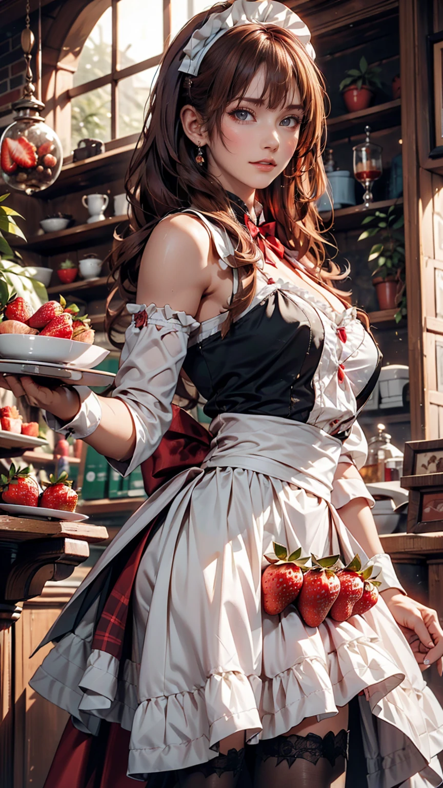 fantasy, iIllustration,
sugar rush evelynn, 1girl, strapless dress, gloves, chocolate on body, strawberry hair ornament, multicolored hair,
offshoulder,full body,nsfw,