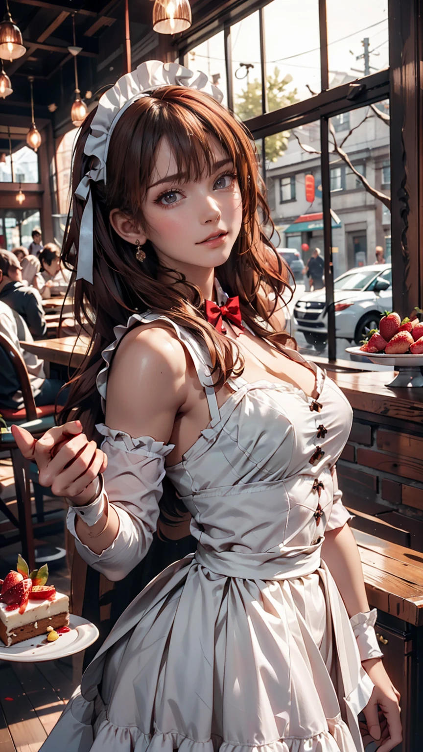 Promotional Photos, The location is a coffee shop, 1 girl, The face of a 16 year old, The waitress is bringing the cake to the table, Red hair twin tails, Kind Face, A strawberry-inspired half-gothic lolita and half-maid costume, White-based clothing,