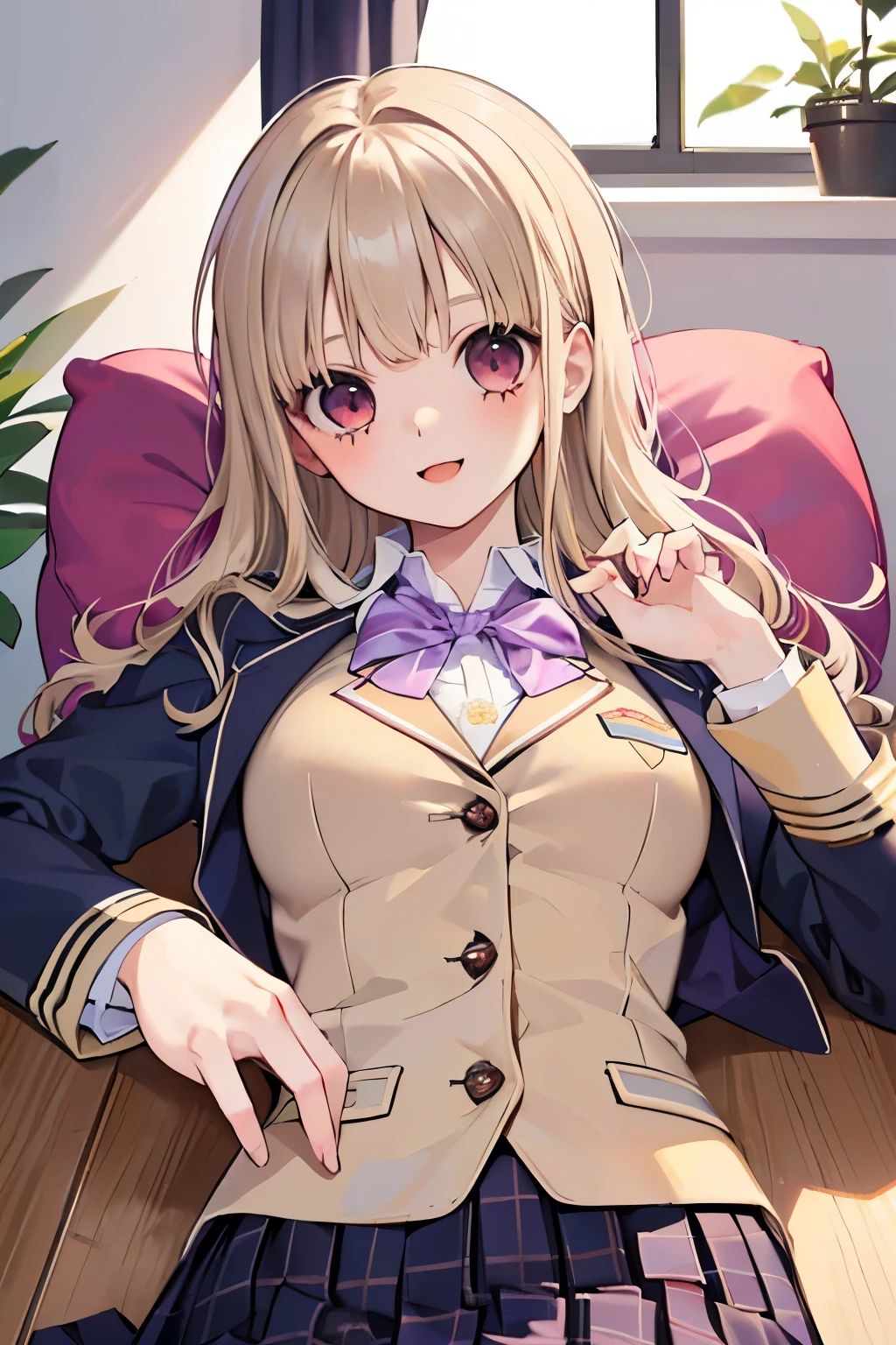 beautiful cute girl,(beige hair:1.2),,(purplered eyes:1.2),(Flower school uniform:1.2),(blazer check uniform:1.2),((lace:1.2)),(首を傾げる:1.3),(on desk:1.1),(lie on back:1.15),(open your mouth:1.1),smile,close-up Face
