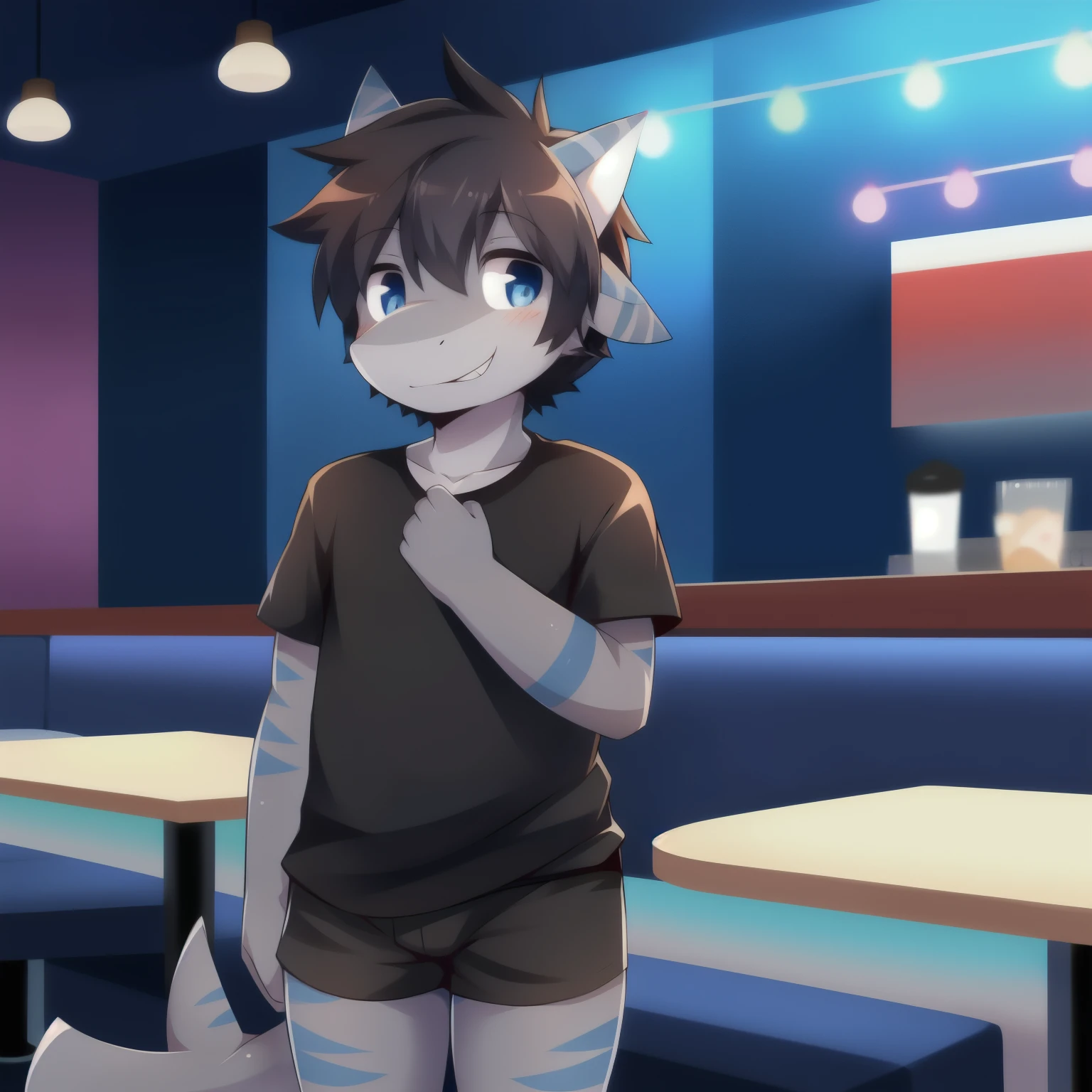 Alone, male, standing, smiling,black shirt ((hair, snout)), shark,Shorts,gray skin,blue stripes,kawaii,cute,19 years,restaurant background