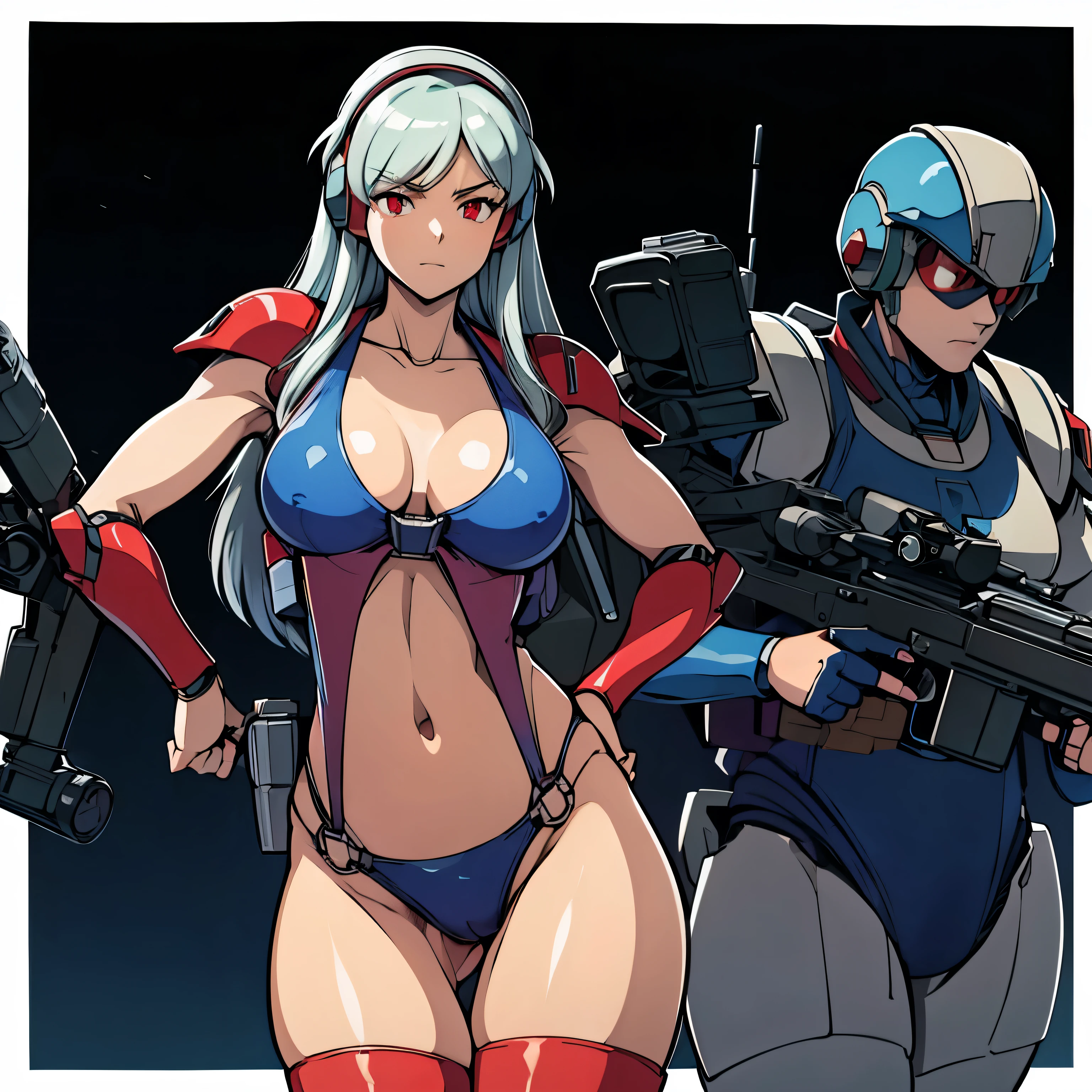Imperial Guard Combat Uniform Swimsuit, o-ring bikini, v gundam, swimsuit, absurdres, highres, solo, cowboy shot, 1girl, neneka nibrou \(cosplay\), wristband, headphone, holster, backpack, holding gun, aiming, perfect hands, wind, (highres,best_quality,masterpiece), large breast, huge breast, white hair, red eyes, long hair, ariel,