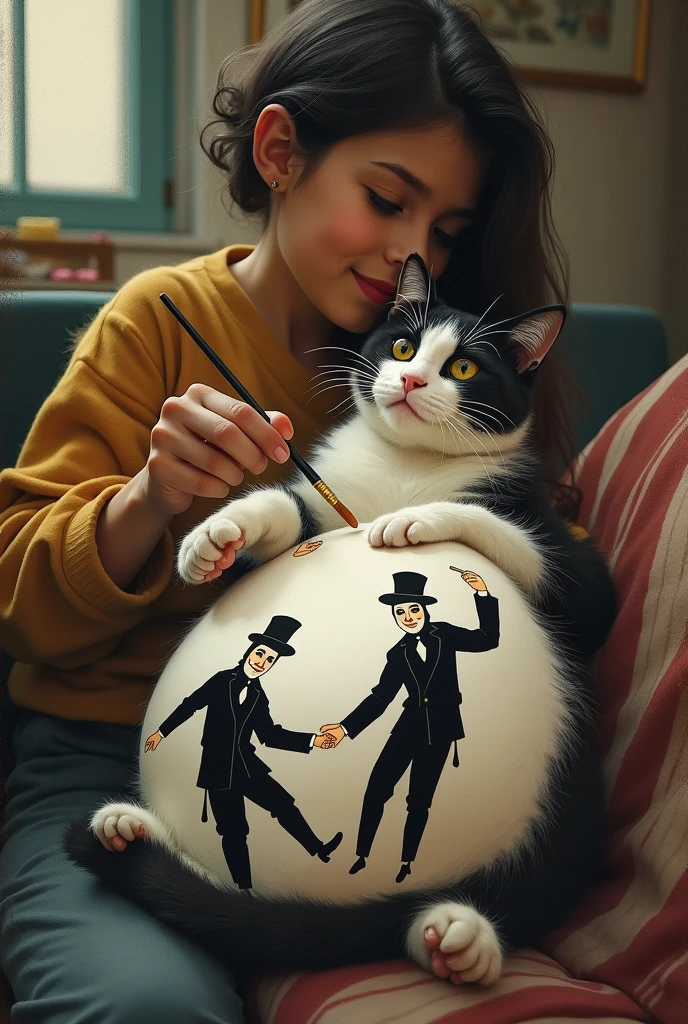 A person drawing people dressed as mimes on a cat&#39;s belly