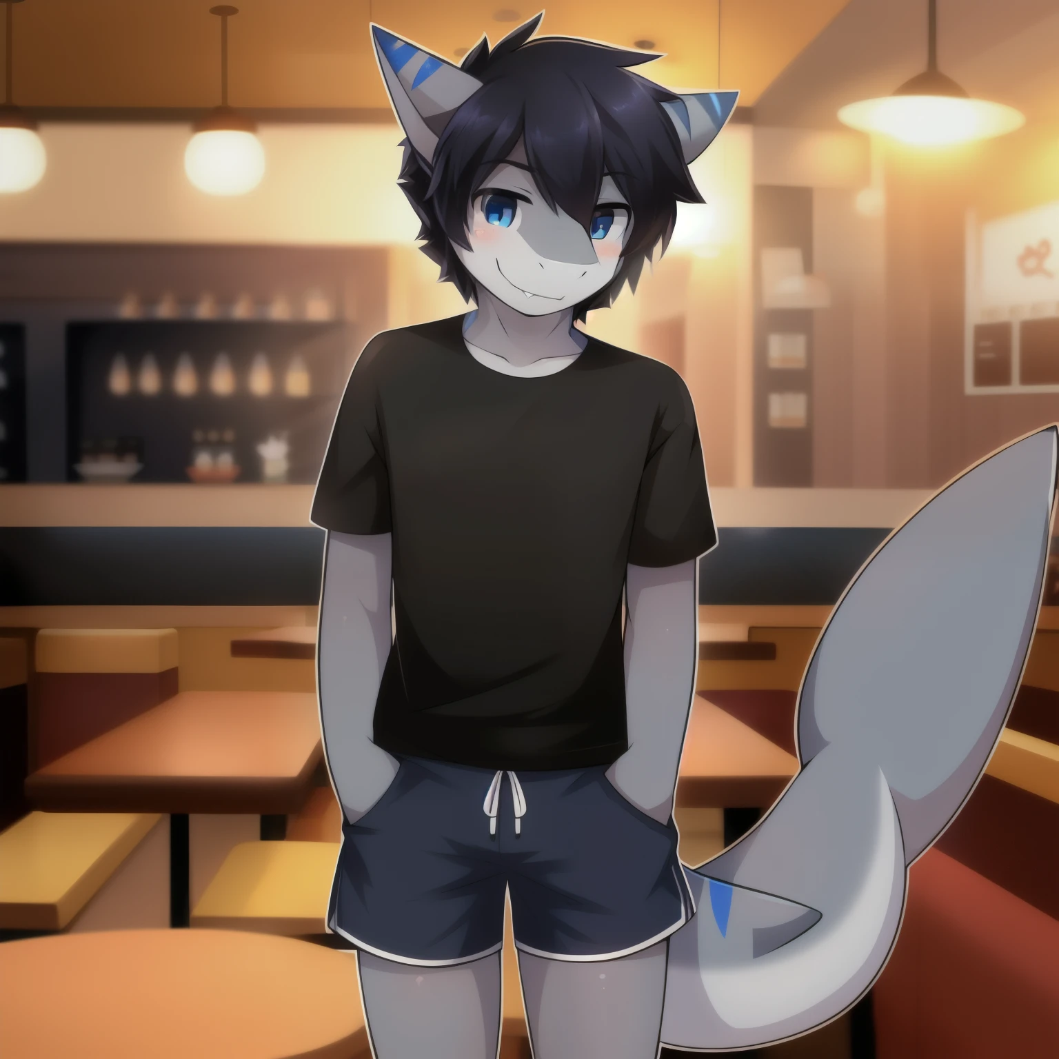Alone, male, standing, smiling,black shirt ((hair, snout)), shark,Shorts,gray skin,blue stripes,kawaii,cute,19 years,restaurant background