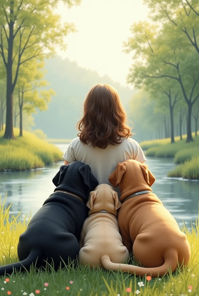 A woman and two chubby female Rottweiler dogs and a Labrador dog sitting with their backs to each other under the tree in the distance watching a watercolor landscape 