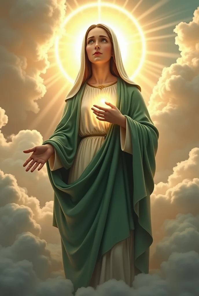 (photorealism:1.2), beautiful virgin Mary with tears in her eyes while praying in the clouds, wearing green queen clothes with light in his head and heart spreading all over in the clouds, perfect virgin Mary, real virgin Mary, perfect five hands, perfect tears face, elegant, soft lighting, many clouds, stand straight, realistic, intricate details, warm colors,