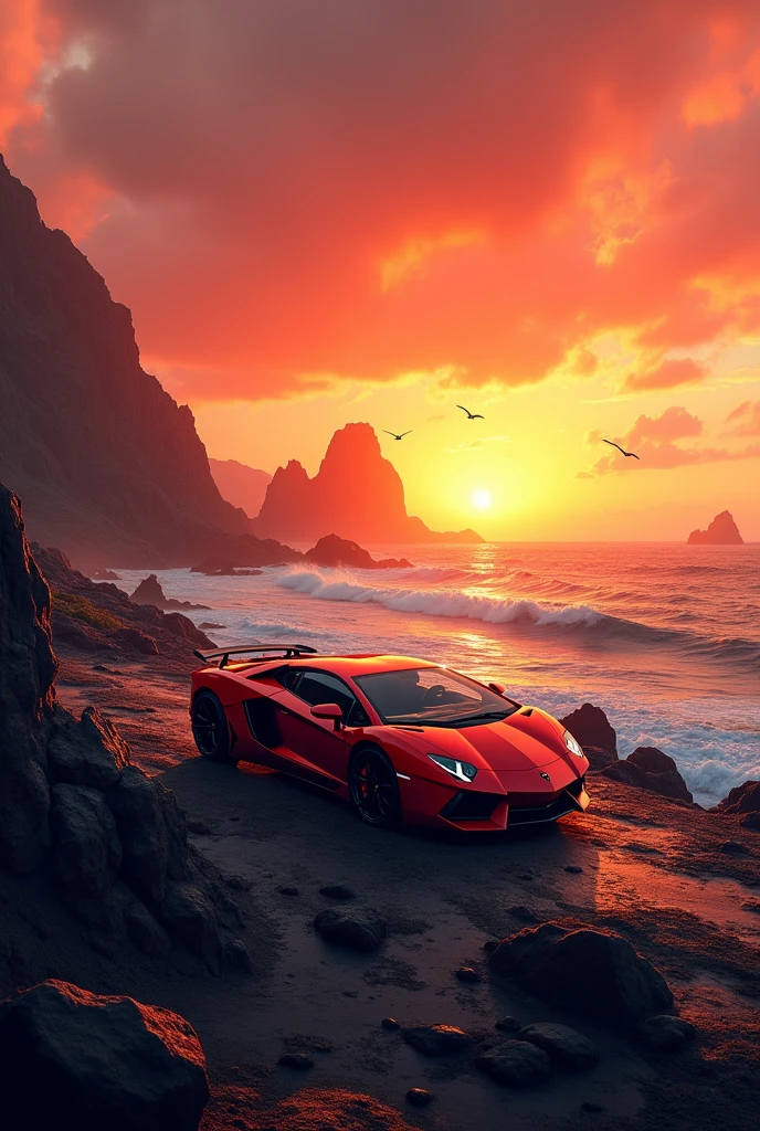 A cinematic illustration of a deep and solitary environment, featuring a gleaming red Lamborghini aventador SV parked on a desolate coastal cliff. The car is the in the vast expanse of rocky landscape, while an intense sunset casts a warm, orange glow over the scene. Gulls fly in the distance, and the ocean crashes against the rugged shoreline below. The overall atmosphere is one of rugged beauty and solitude., cinematic, photo