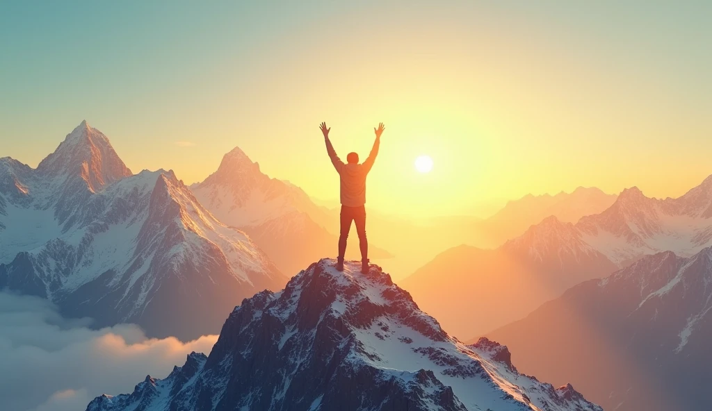 Picture an individual at the peak of a mountain, arms raised high in triumph. The sky is clear, and the sun is rising, casting a golden light over the entire scene. This moment symbolizes victory, fulfillment, and the realization of their divine purpose. The person stands tall, filled with a sense of accomplishment and spiritual enlightenment, ready to embrace the journey that lies ahead.