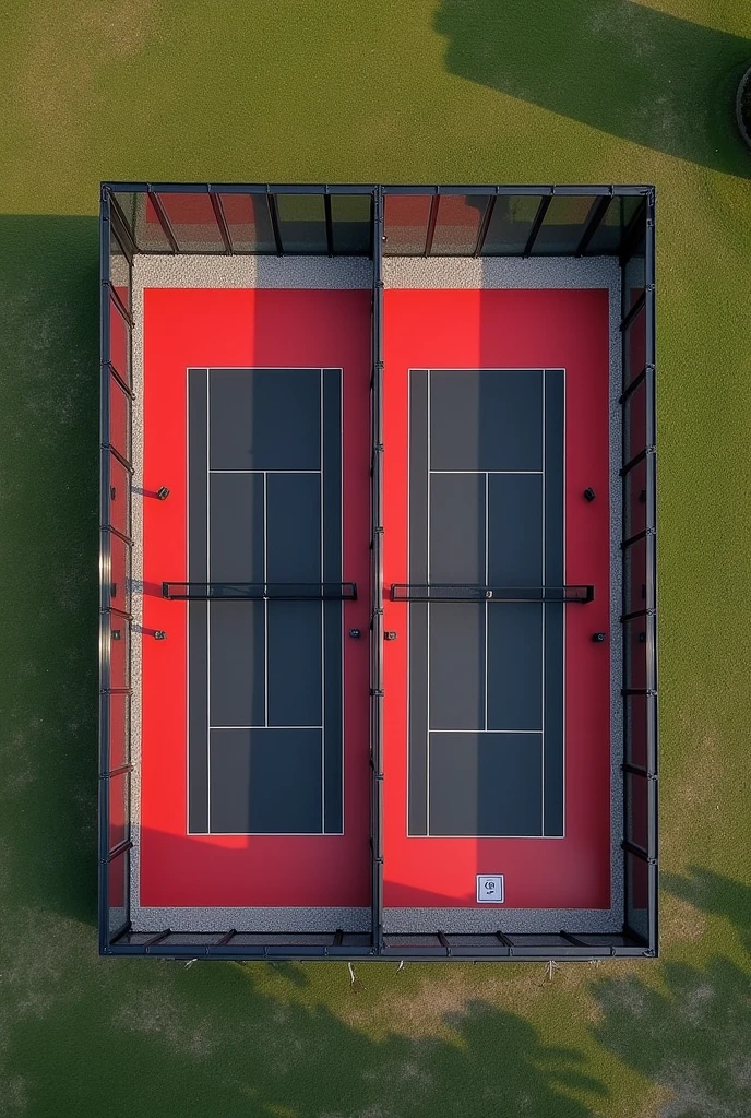 two open paddle courts, black floor and red walkways, one after the other, divided by glass walls and black metal mesh, view from above, that the walls are made of panoramic glass, that the exterior is a flat and low ground of grass and crushed stone