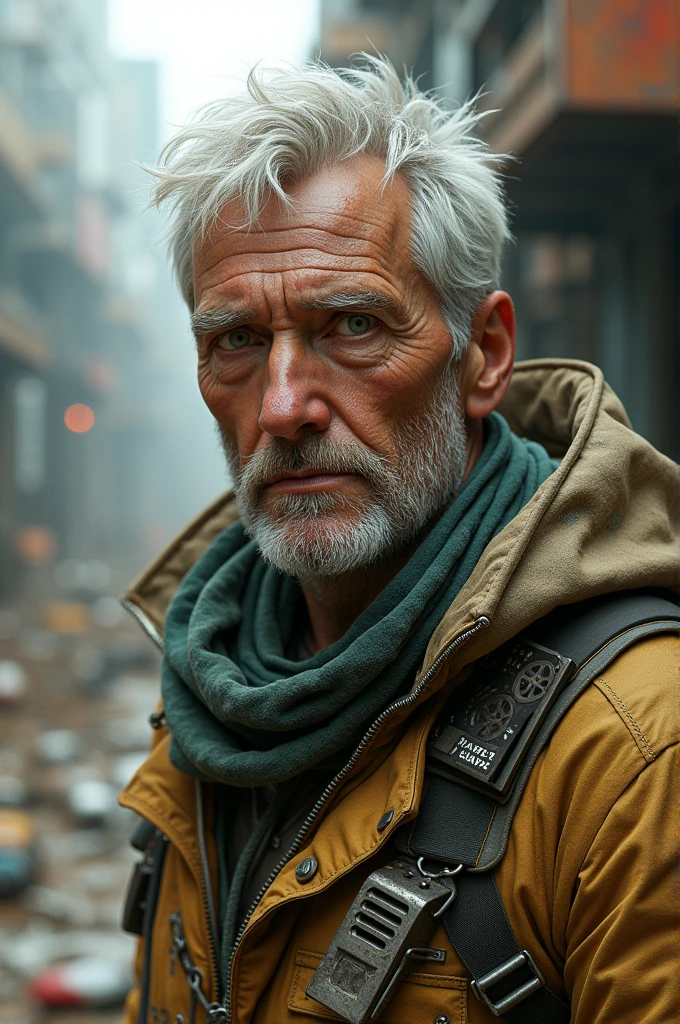 White man ,high ,short white hair,green eyes,dirty and tangled junkyard space-type clothing ,futurist