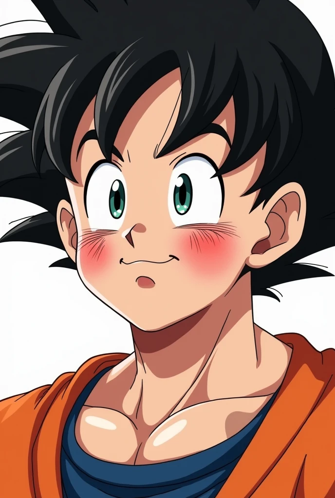 Toriyama anime style,Adult Goku with his face up to his neck covered in various marks from various kisses with a passionate and loving expression,and a slight smile, looking forward, view from her torso to her hair