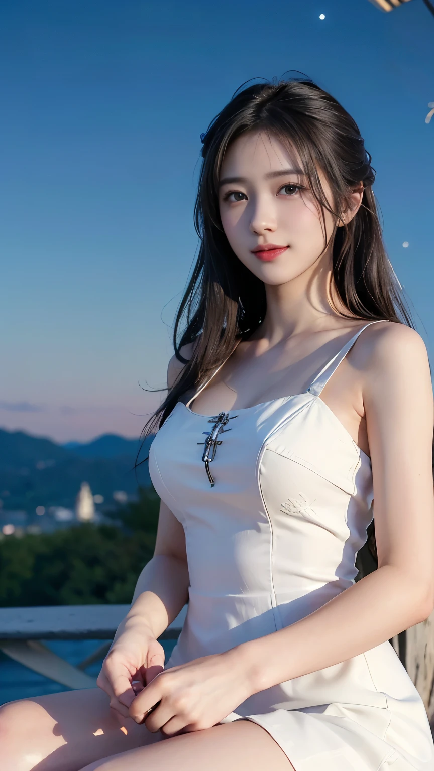 (logo、masterpiece、8k、Tabletop、RAW Photos、wonderful、最high quality、Photorealistic and very detailed CG composite 8k wallpaper、high quality、Very detailed、Narrative poem、Particle Effects、Dynamic Effects、Depth of the Boundary)What is written is、Cinematic Light、Lens flare、Ray Tracing)、Fantasy、(Purple Dress)、(night、Night Sky、Starry Sky、full moon)、(Girl looking up at the sky)、sit、cute、Japanese style、 (smile)、Long Hair、Strong winds、(Hair blowing in the wind)、(White Dress)、Natural light、moonlight、(Horizontal photography)、(chest emphasis)、(Low position)、(Low - Angle)