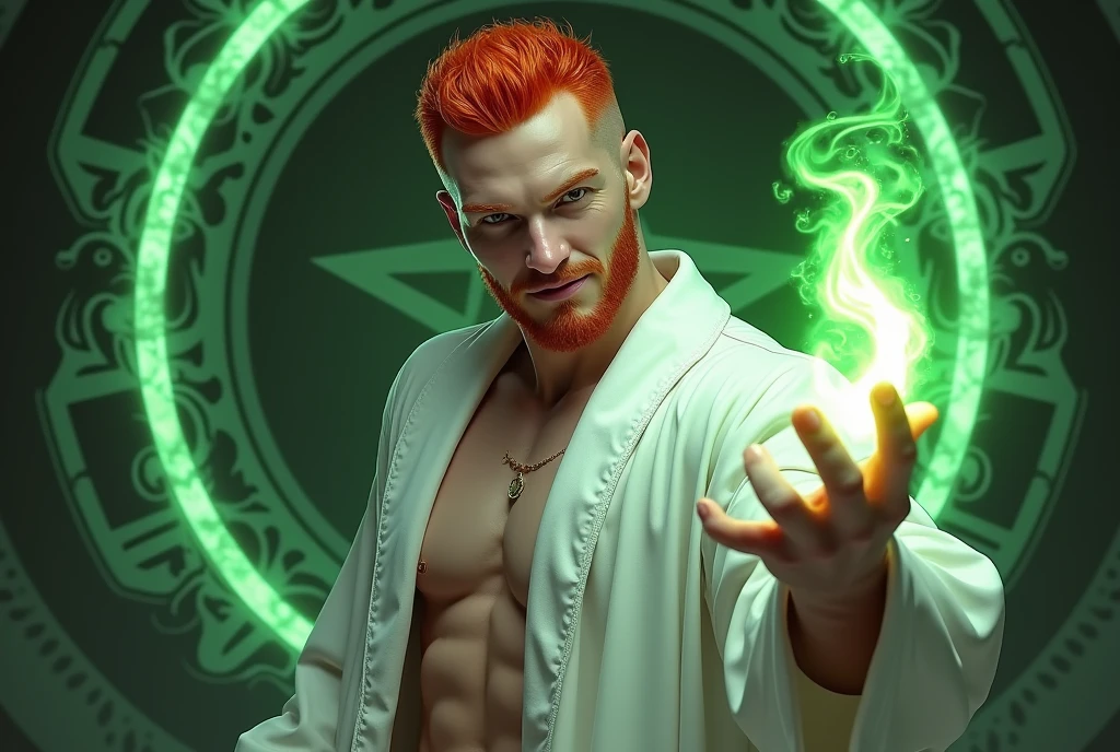 masculine, masterpiece, Hyperrealistic image of a sexy 30-year-old albino man., redhead, wearing glamorous white sorcerer&#39;s robes, exposed chest, hombre en Stupid, Stupid, seductive pose, magical glowing arcane sigils, a hand holds a green flame, looking directly at camera, Cheek Smile, Very detailed, intricate details, sharp focus, dynamic lighting, dynamic shadows, without watermark