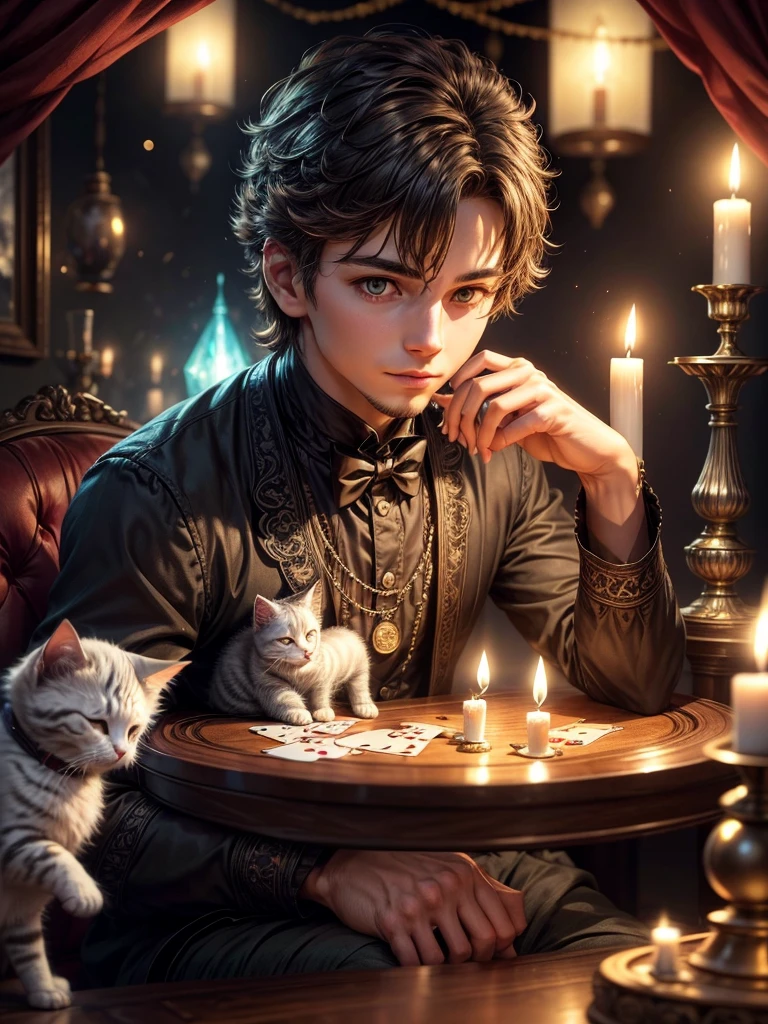 a very cute kitten with playing cards in his hands. he is at a table that has a crystal ball, candles, incense, in a cozy atmosphere.