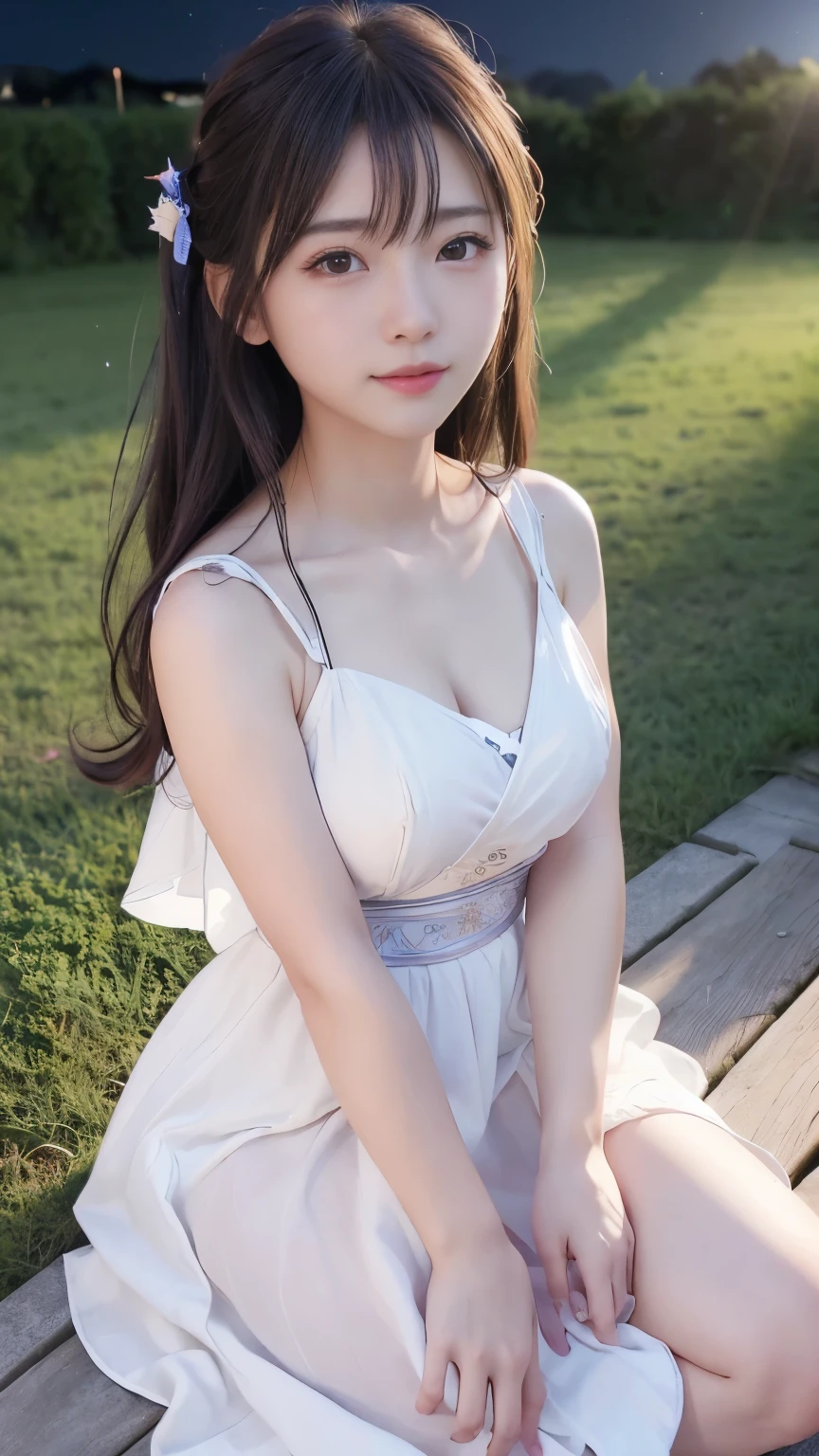 top-quality、masterpiece、超A high resolution、8K、(Realistic:1.4)、Raw photo、1 17-year-old girl、ssmile、large boob、A slender、Decorated white dress, beautiful necklace, beautiful hair ornament、耳环、On the banks of the river