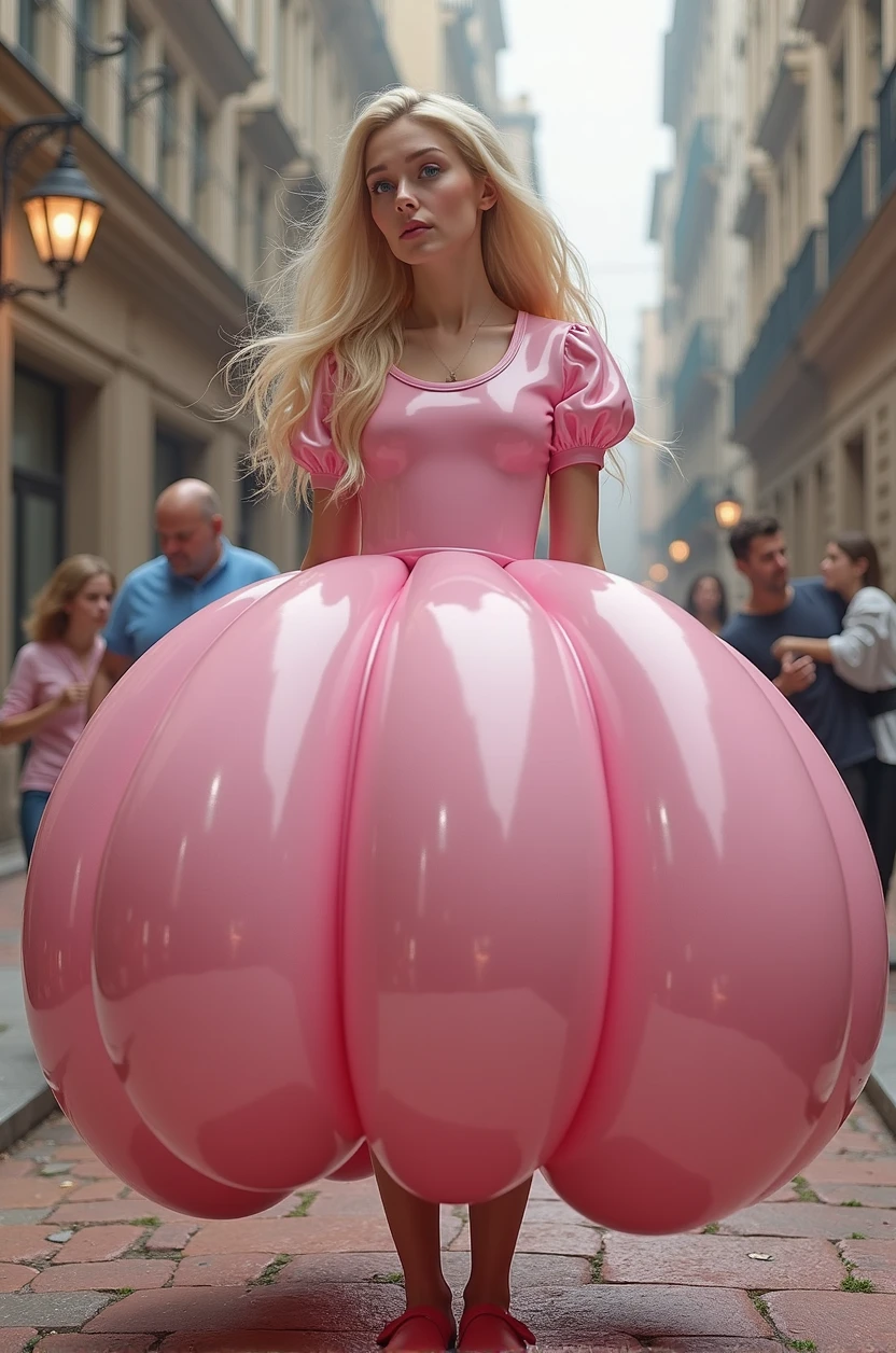 Alice in Wonderland, solo, fullbody, blonde long hair, blue eyes, wearing a giant inflatable latex balloon dress with enormous, short, round puffy sleeves. The balloon dress is pink and very puffy and very round and very spherical, high quality.