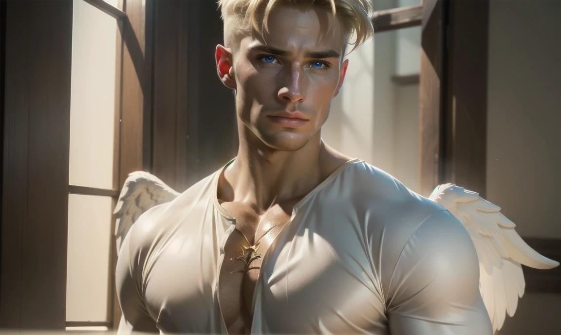 [((highly detailed, detailed eyes, detailed face, clear and realistic facial features, photorealistic, realistic light, cinematic)), (1 man), (((((Gorgeous perfect sexy powerful masculine male angel))))), (((two wings sprouting from behind his back))), ((faint halo)), ((((short blond hair, faintly glowing eyes with white iris)))), ((35 years old)), ((wearing flattering angelic clothes)), (((aura of divine power))), standing in a cozy apartment at nighttime, ((light blush)), (((wearing a clearly indignant expression)))]