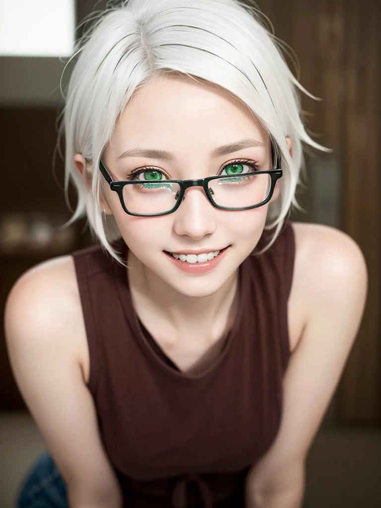 (representative work:1.4), (8K, realistic, RAW photo, Highest image quality:1.4), (20year old girl), 20 years old, (smile:1.4), (sexy shot:1.1), beautiful face, (realisticな顔), ((glasses)), (white hair, medium hair:1.3), medium hair, beautiful hairstyle, realistic eyes, tank top, Detailed and beautiful eyes, (realisticな肌), beautiful skin, (close up:1.1), charm, 超High resolution, (green eyes:1.3), glasslike eyes, model posing,