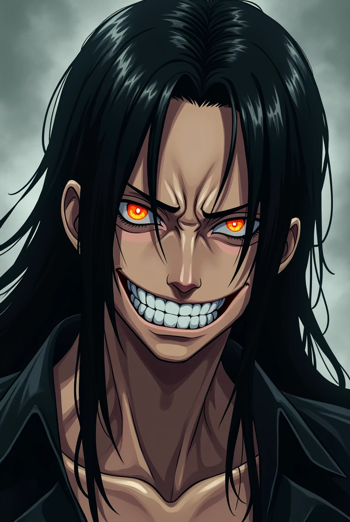 One piece anime style, young adult man siren long straight black hair orange eyes fangs insane facial expressokn with a smile looking away
