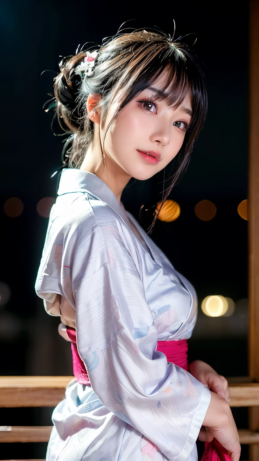 (logo、masterpiece、8k、Tabletop、RAW Photos、wonderful、最high quality、フォトリアリスティックでVery detailedな CG 複合 8k 壁紙、high quality、Very detailed、Narrative poem、Particle Effects、Dynamic Effects、Depth of the Boundary、Cinematic Light、Lens flare、Ray Tracing)、 (One beautiful woman wearing a yukata、White yukata、Light purple pattern)、Black-haired、High definition skin、Very fine、Fine skin texture、Beautiful Face、True Face、Beautiful details in the eyes、Realistic eyes、Beautifully detailed eyes、Realistic Skin、Beautiful Skin、Surreal、Smiling Eyes、Hair and light eyes、vivid、Colorful lights and bokeh、plump lower lip、Pink Lips、Hair flutters in Wind、Hair bounces、wonderful景色、night、evening、Wind、moonlight、moonlight、light