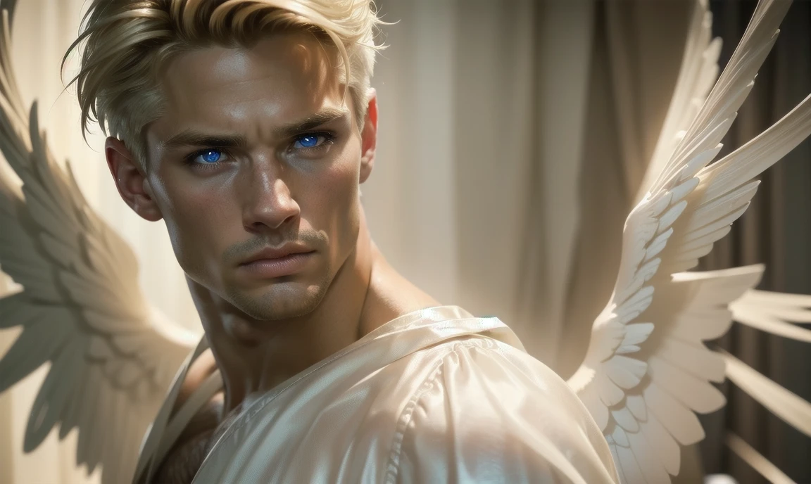 [((highly detailed, detailed eyes, detailed face, clear and realistic facial features, photorealistic, realistic light, cinematic)), (1 man), (((((Gorgeous perfect sexy powerful masculine male angel))))), (((two wings sprouting from behind his back))), ((faint halo)), ((((short blond hair, faintly glowing eyes with white iris)))), ((35 years old)), ((wearing flattering angelic clothes)), (((aura of divine power))), standing in a cozy apartment at nighttime, ((light blush)), (((wearing a clearly indignant expression)))]