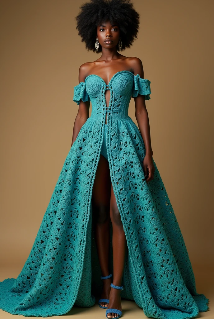 a beautiful woman in a blue and green dress crocheted in double stitch, with a high slit, an album cover by Elena Guro, trend in cg society, renaissance, intricate dress, open dress, intricate fantasy dress, dress vine, an intricate dress, colorful dress, stunning African princess, detailed dress, intriguing costume, extravagant dress, light half-open dress, elegant and revealing dress, stunning lines