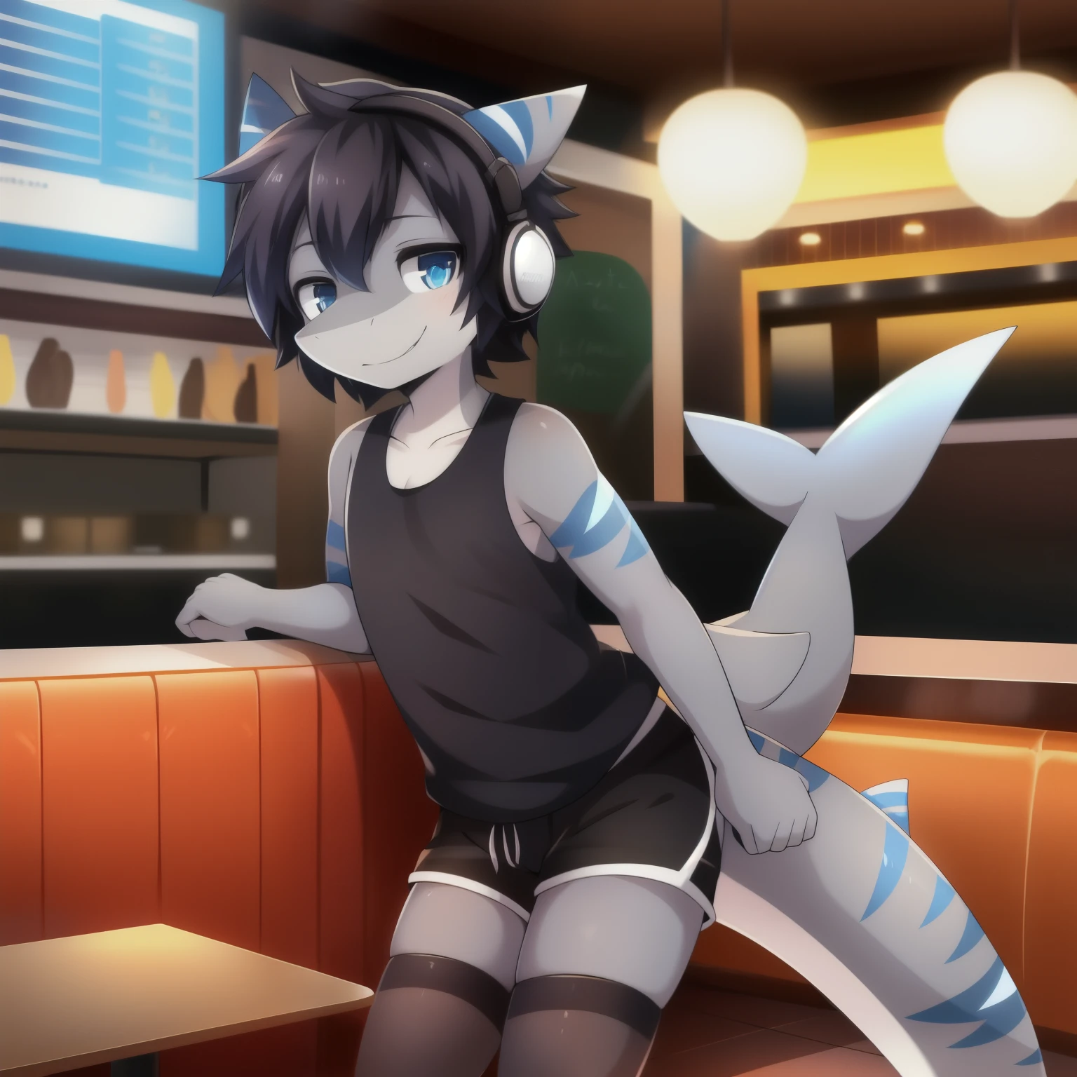 Alone, male, standing, smiling,black shirt ((hair, snout)), shark,Shorts,gray skin,blue stripes,kawaii,cute,19 years,restaurant background,black stockings,black headphones