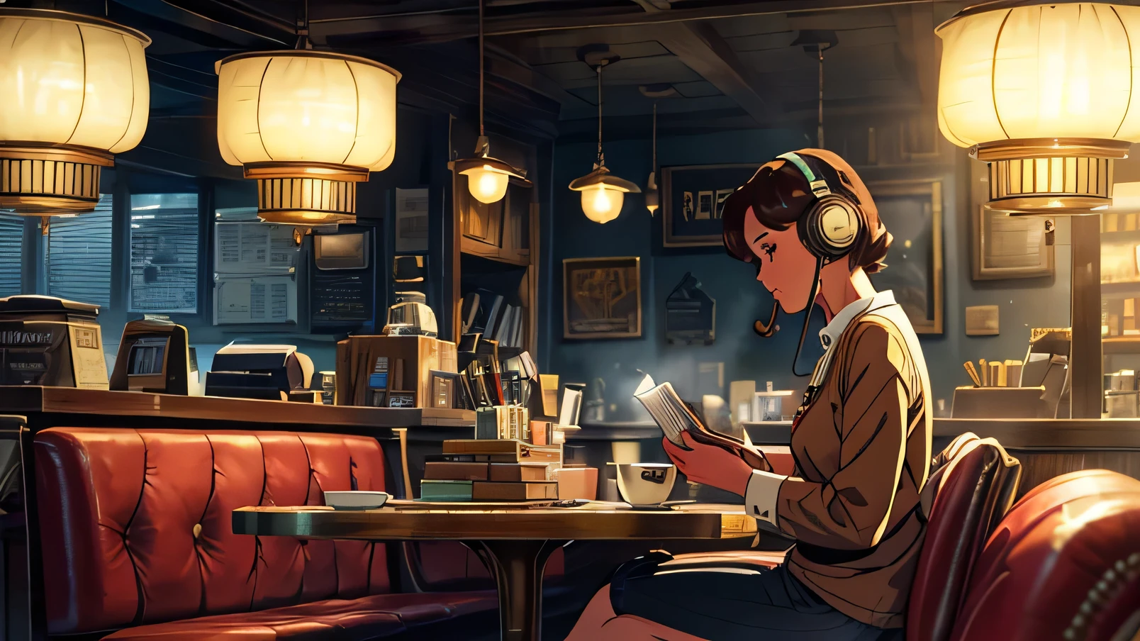 Sitting in a vintage cafe with retro decor, the girl wears large headphones and reads a hardcover book. A cup of coffee next to her lets out steam, and the light from an old lamp illuminates the page she is reading.