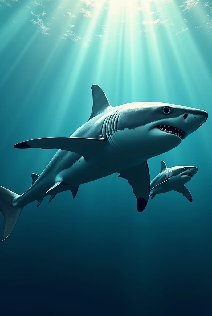 Create a picture of a great white shark with its pup