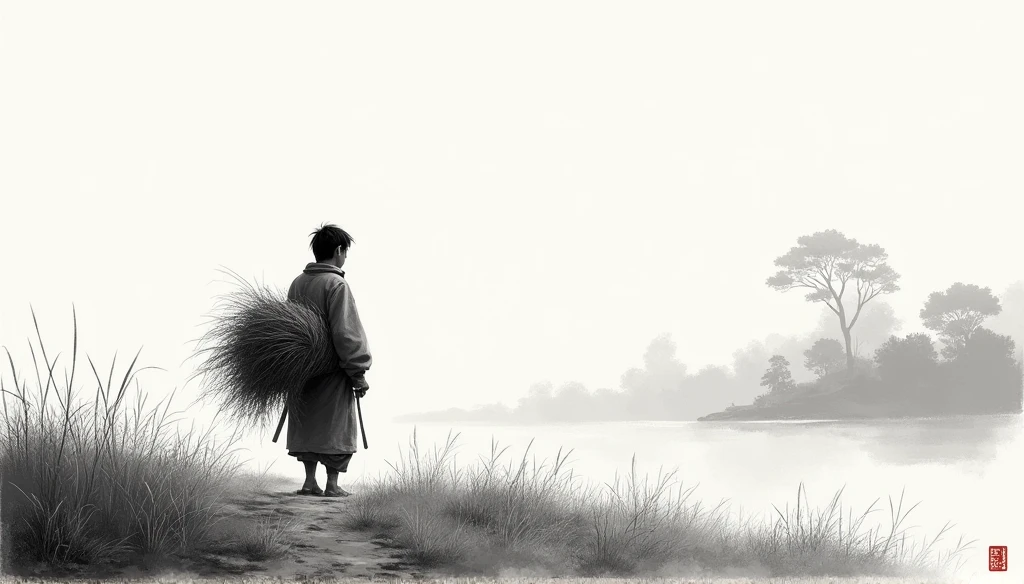 Poor man in ragged clothes walks across the field with a bundle of hay, Ren Xun and Maruyama Daikyo, author：Cui Bai, author：Zhian, author：Li Yingzhen, author：Xu Beihong, author：Ji Yunfei, author：Chen Daofu, author：Dong Qichang, author：buddy, author：Li Di, author：Guan Daosheng，黑白Ink Painting，black white grey，（Chinese landscape painting），（Ink Painting），（8k wallpaper），Extremely detailed picture depiction，Wide Angle，Depth of Field，masterpiece，Realistically，Beautifully depicted，detailed，Acura，masterpiece，masterpiece