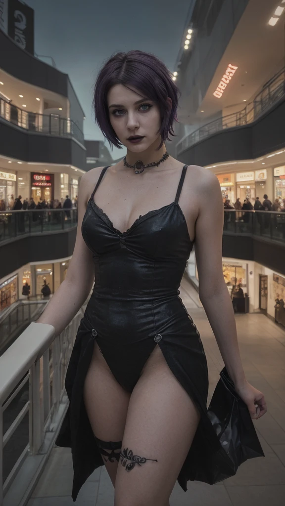 A goth girl with short purple hair, blue eyes, incomparable beauty in a brightly lit environment similar to a shopping mall, cinematic lighting, dramatic colors, realistic details, photorealistic, 8k, highest quality, masterpiece