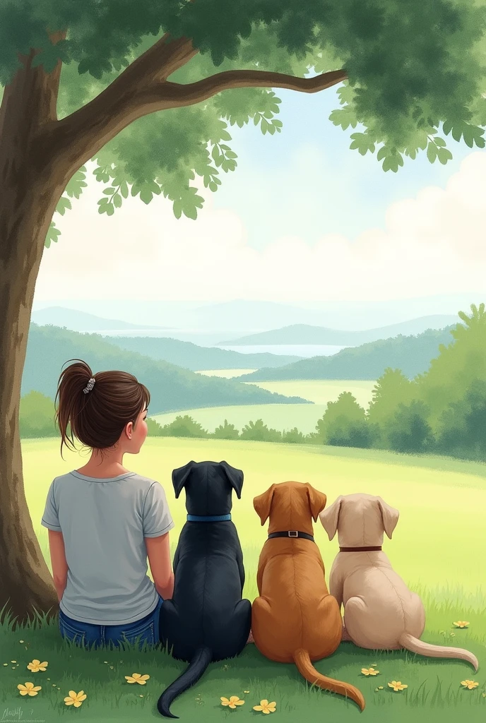 A woman and two female Rottweiler dogs and a female Labrador dog sitting with their backs to each other under a tree in the distance watching a landscape