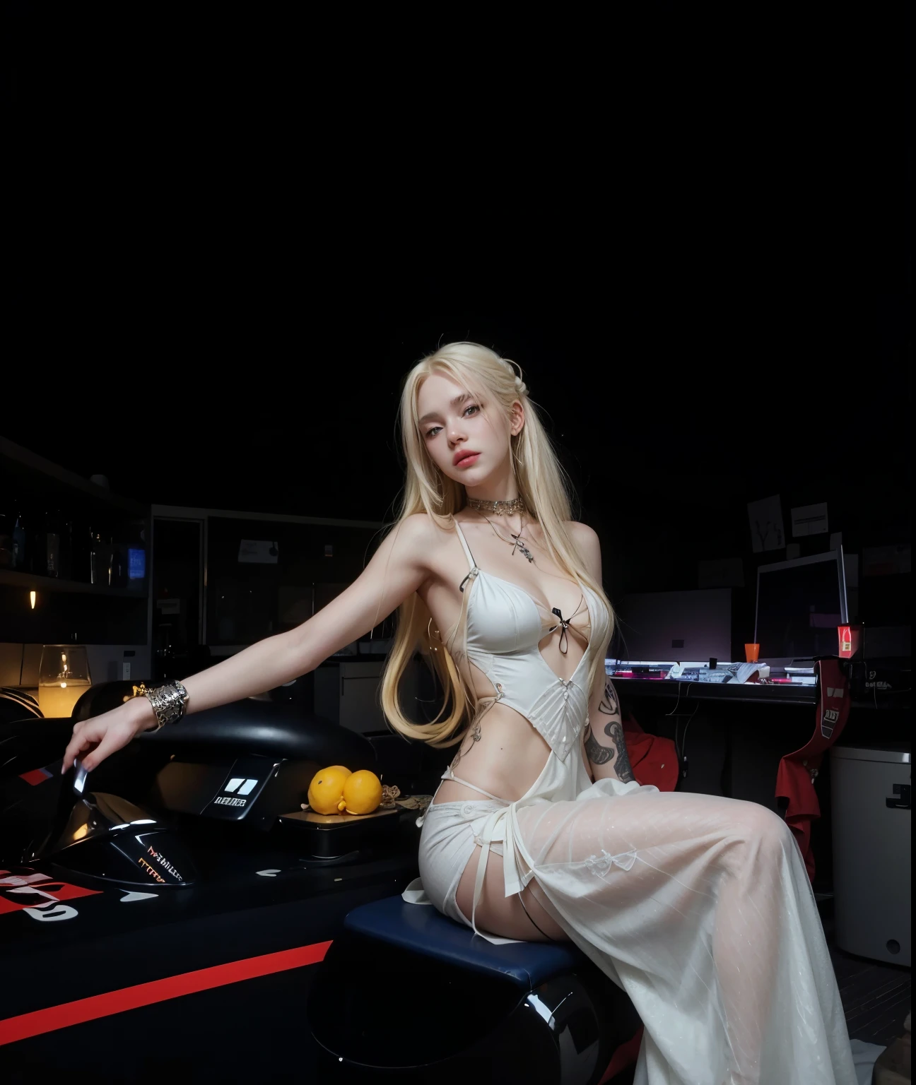 blonde woman with long hair and piercings posing for a photo, with white long hair, with long white hair, perfect white haired girl, ava max, tifa lockhart with white hair, pale porcelain white skin, anime girl in real life,  with white hair, extremely light blonde hair, very light blonde hair, with long blonde hair, her hair is white